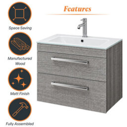 Plum&clay Novela Grey Wood Wall Hung Vanity Unit With Glass Basin Bathroom Furniture (W)600mm - thumbnail 7