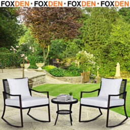 Foxden Brown Frame Rattan Bistro Set Rocking Chairs 3 Piece Garden Furniture Glass Top Table