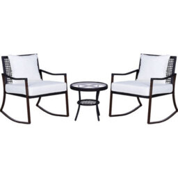Foxden Brown Frame Rattan Bistro Set Rocking Chairs 3 Piece Garden Furniture Glass Top Table - thumbnail 3