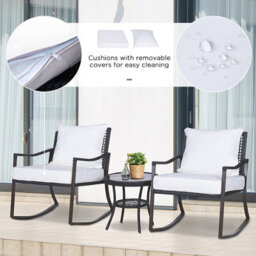 Foxden Brown Frame Rattan Bistro Set Rocking Chairs 3 Piece Garden Furniture Glass Top Table - thumbnail 7