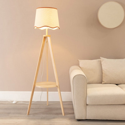 Valuelights Morrigan Natural Wood Shelf Tripod Floor Lamp With Rust Trim Scallop Shade - image 1