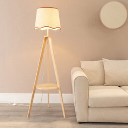 Valuelights Morrigan Natural Wood Shelf Tripod Floor Lamp With Rust Trim Scallop Shade - thumbnail 1