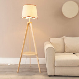 Valuelights Morrigan Natural Wood Shelf Tripod Floor Lamp With Rust Trim Scallop Shade - thumbnail 2