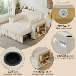 Btm Multifunctional Sofa Bed, Storage Sleeper Sofa With Usb Chargingand Cup Holders, Beige - thumbnail 8