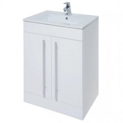 Clifton 2 Door Floor Bathroom Standing Vanity Unit With Ceramic Basin 600mm Wide - White  - Brassware Not Included - image 1