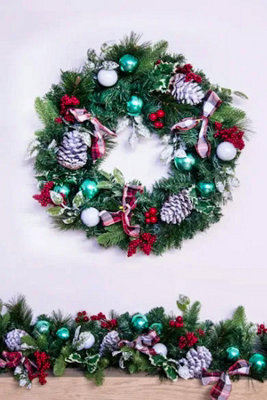Christmas Tree World 50Cm Decorated Mixed Pine Wreath With Tartan Bows - image 1