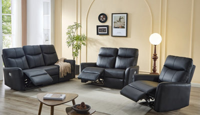 UK Leisure World Black Bonded Recliner Leather Sofa Set Suites Settee Armchair Three To Single 3 2 1 Seater - image 1