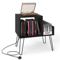 Gainoom Black Record Player Stand Turntable Stand Mid-Century Modern End Table With Power Outlet - thumbnail 1