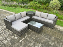 Fimous 7 Seater Rattan Garden Furniture Set Outdoor Patio Sofa Set With Oblong Coffee Table Side Table Big Footstool - thumbnail 1