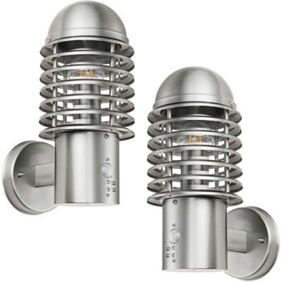 2 Pack Ip44 Outdoor Wall Lamp Brushed Steel Caged Lantern Pir Move Porch Light - image 1