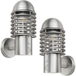 2 Pack Ip44 Outdoor Wall Lamp Brushed Steel Caged Lantern Pir Move Porch Light