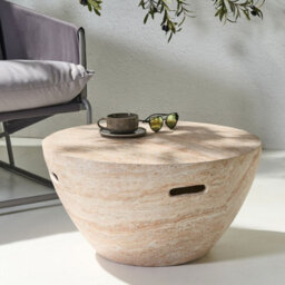 Wyld And Coco Beige Travertine-Effect Round Coffee Table With Integrated Handles, 68Cm Diameter, 36Cm High - thumbnail 2