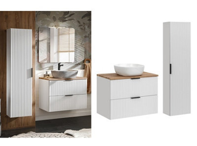 Impact Furniture Bathroom Cabinets 800mm Vanity Unit With Sink Oak Effect Worktop Tallboy Wall Storage White Ribbed Fluted Furniture Set Adel - image 1