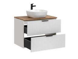 Impact Furniture Bathroom Cabinets 800mm Vanity Unit With Sink Oak Effect Worktop Tallboy Wall Storage White Ribbed Fluted Furniture Set Adel - thumbnail 4
