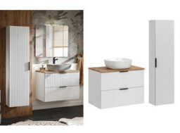 Impact Furniture Bathroom Cabinets 800mm Vanity Unit With Sink Oak Effect Worktop Tallboy Wall Storage White Ribbed Fluted Furniture Set Adel - thumbnail 1