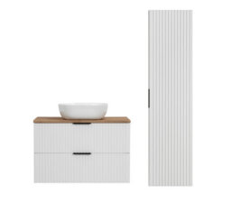 Impact Furniture Bathroom Cabinets 800mm Vanity Unit With Sink Oak Effect Worktop Tallboy Wall Storage White Ribbed Fluted Furniture Set Adel - thumbnail 2