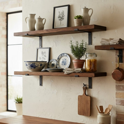 Toolty Rustic Handmade Wall Shelf, Wall Mounted, 140Cm X 22.5Cm Down Design, Walnut, Handcrafted Vintage Style - image 1