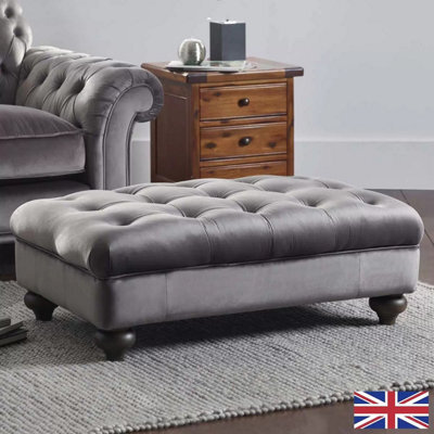 Xample Bordeaux Grey Velvet Footstool Plush Velvet Upholstery, Foam Cushion, Solid Wood Legs - image 1