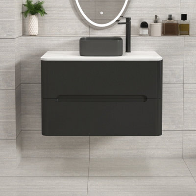 Royal Bathrooms Venice 800mm Matt Nocturne Black Wall Mounted Bathroom Countertop Vanity Unit 2 Drawer With Art Square Basin - image 1