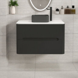 Royal Bathrooms Venice 800mm Matt Nocturne Black Wall Mounted Bathroom Countertop Vanity Unit 2 Drawer With Art Square Basin - thumbnail 1