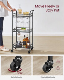 Vasagle 3-Tier Drinks Trolley, Black Bar Cart On Wheels, With Handles, Mirrored Glass Shelves,black - thumbnail 8