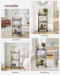 Vasagle 3-Tier Drinks Trolley, Black Bar Cart On Wheels, With Handles, Mirrored Glass Shelves,black - thumbnail 4