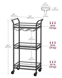 Vasagle 3-Tier Drinks Trolley, Black Bar Cart On Wheels, With Handles, Mirrored Glass Shelves,black - thumbnail 7