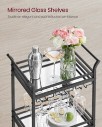 Vasagle 3-Tier Drinks Trolley, Black Bar Cart On Wheels, With Handles, Mirrored Glass Shelves,black - thumbnail 5