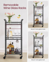 Vasagle 3-Tier Drinks Trolley, Black Bar Cart On Wheels, With Handles, Mirrored Glass Shelves,black - thumbnail 6