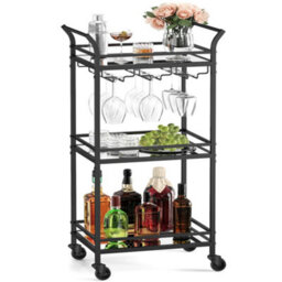 Vasagle 3-Tier Drinks Trolley, Black Bar Cart On Wheels, With Handles, Mirrored Glass Shelves,black - thumbnail 3