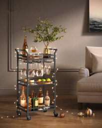 Vasagle 3-Tier Drinks Trolley, Black Bar Cart On Wheels, With Handles, Mirrored Glass Shelves,black - thumbnail 1