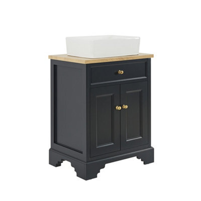 Homestylestore 645mm Black Grey And Oak Bathroom Vanity Unit With Square Countertop Basin And Gold Square Handles - image 1