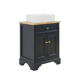 Homestylestore 645mm Black Grey And Oak Bathroom Vanity Unit With Square Countertop Basin And Gold Square Handles - thumbnail 1