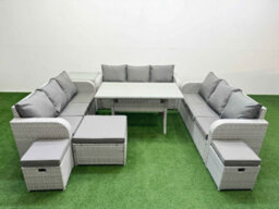 Fimous Pe Rattan Lounge Sofa Set 12 Seater Outdoor Garden Furniture Set Rectangular Dining Table 3 Seater Sofa 3 Stools Side Table - thumbnail 1