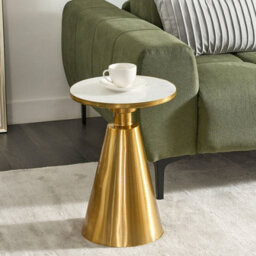Wyld And Coco Modern Glam Side Table - White Marble Top, Matte Gold Metal Base, 35Cm Round - thumbnail 2