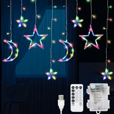 Globrite Christmas Curtain String Lights - 138 Led, Multi-Coloured Star & Moon Shapes Usb Battery Powered 8 Modes With Remote - image 1