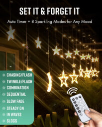 Globrite Christmas Curtain String Lights - 138 Led, Multi-Coloured Star & Moon Shapes Usb Battery Powered 8 Modes With Remote - thumbnail 5
