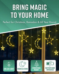 Globrite Christmas Curtain String Lights - 138 Led, Multi-Coloured Star & Moon Shapes Usb Battery Powered 8 Modes With Remote - thumbnail 2