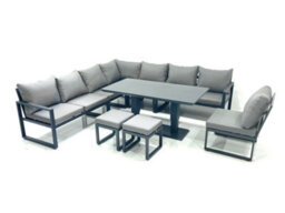 Fimous 10 Seater Outdoor Aluminum Garden Furniture Set Corner Sofa 2 Small Footstools Rising Lifting Dining Table Sets Dark Grey - thumbnail 1