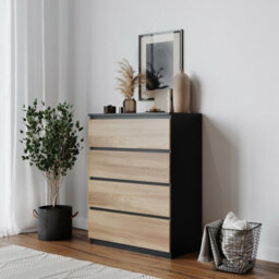 Urbn-Living Urbnliving Height 89Cm 4 Drawer Skagen Wooden Bedroom Chest Cabinet Colour Black Carcass And Oak Drawers No Handle Storage - thumbnail 2
