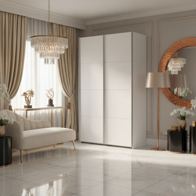 Sophistispace 120 Sliding Door Wardrobe Elegant Shaped 2 Door Bedroom Storage With Shelves Hanging Rail White - image 1
