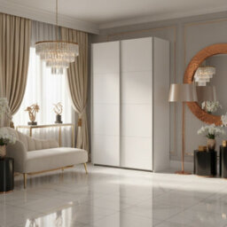 Sophistispace 120 Sliding Door Wardrobe Elegant Shaped 2 Door Bedroom Storage With Shelves Hanging Rail White - thumbnail 1