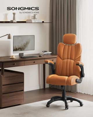 Songmics Office Chair, Ergonomic Gaming Chair, Adjustable Headrest, Tilt, Foldable Armrests, Self-Locking Castors, Caramel Brown - image 1
