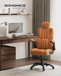 Songmics Office Chair, Ergonomic Gaming Chair, Adjustable Headrest, Tilt, Foldable Armrests, Self-Locking Castors, Caramel Brown - thumbnail 1