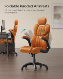 Songmics Office Chair, Ergonomic Gaming Chair, Adjustable Headrest, Tilt, Foldable Armrests, Self-Locking Castors, Caramel Brown - thumbnail 2