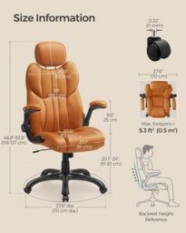 Songmics Office Chair, Ergonomic Gaming Chair, Adjustable Headrest, Tilt, Foldable Armrests, Self-Locking Castors, Caramel Brown - thumbnail 4