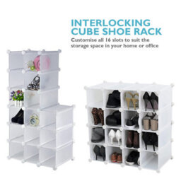 Amos 16 Pair Interlocking Cube Shoe Storage Rack Organiser With Adjustable Modular Slot Shelf Box - White - thumbnail 2