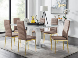 Furniturebox Giovani Rectangular 6 Seat White High Gloss Unique Halo Dining Table Grey Glass Top 6 Beige Faux Leather Gold Leg Milan Chairs