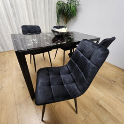 Kosy Koala Modern Black Glass Marble Effect Dining Table Set With 4 Black Velvet Chairs Dining Room Furniture - thumbnail 3