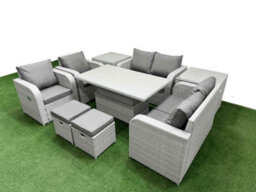 Fimous 8 Seater Outdoor Reclining Chair Love Sofa Set Rattan Garden Furniture Set Adjustable Lifting Table 2 Stools 2 Side Table - thumbnail 2
